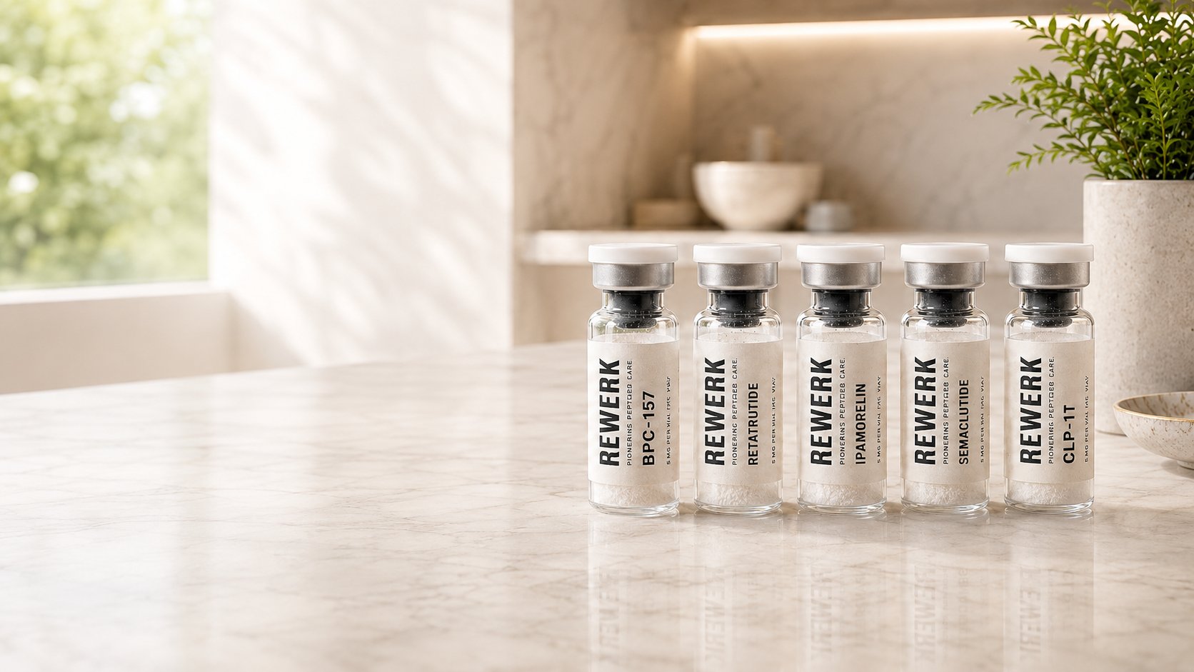 REWERK research peptide vials on a marble counter